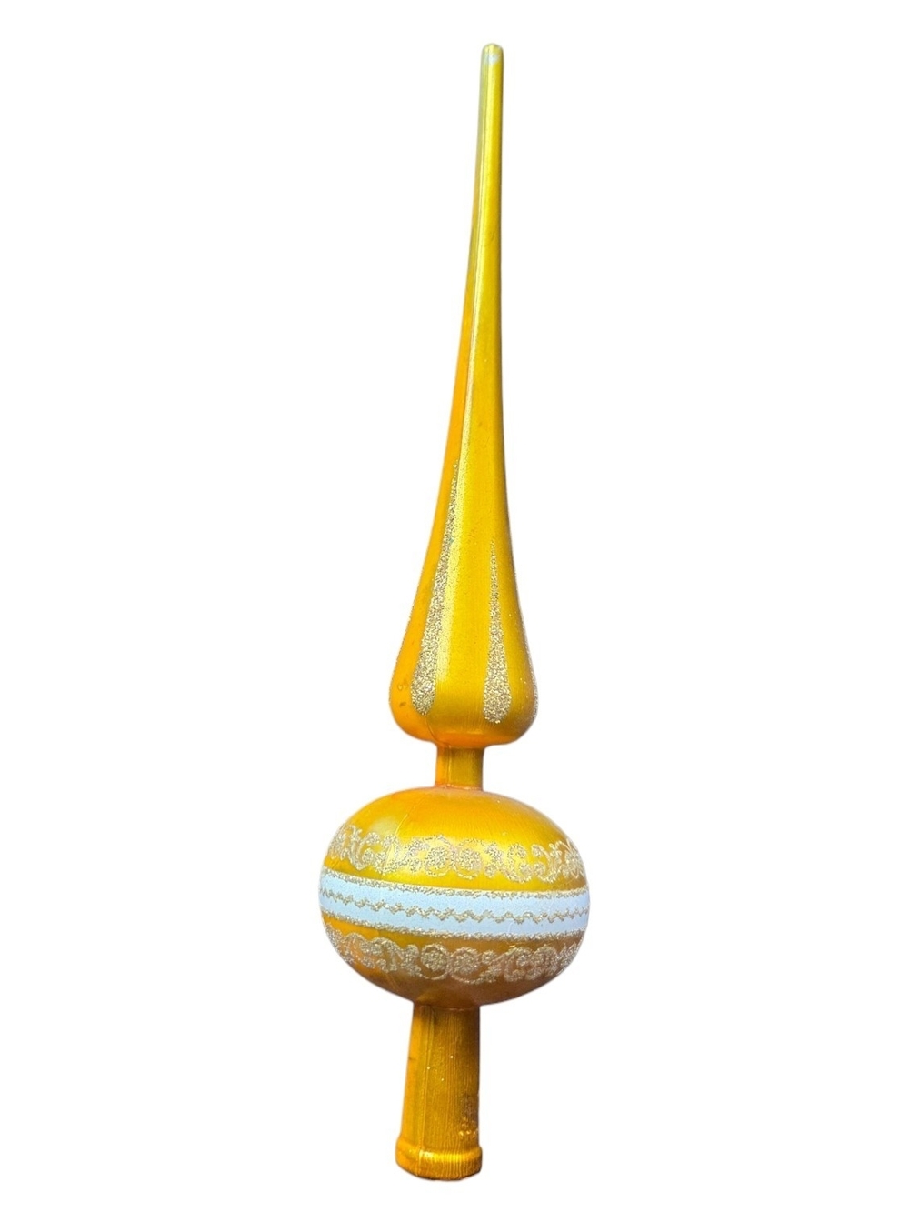 Christmas tree topper features intricate white and gold glitter embellishments